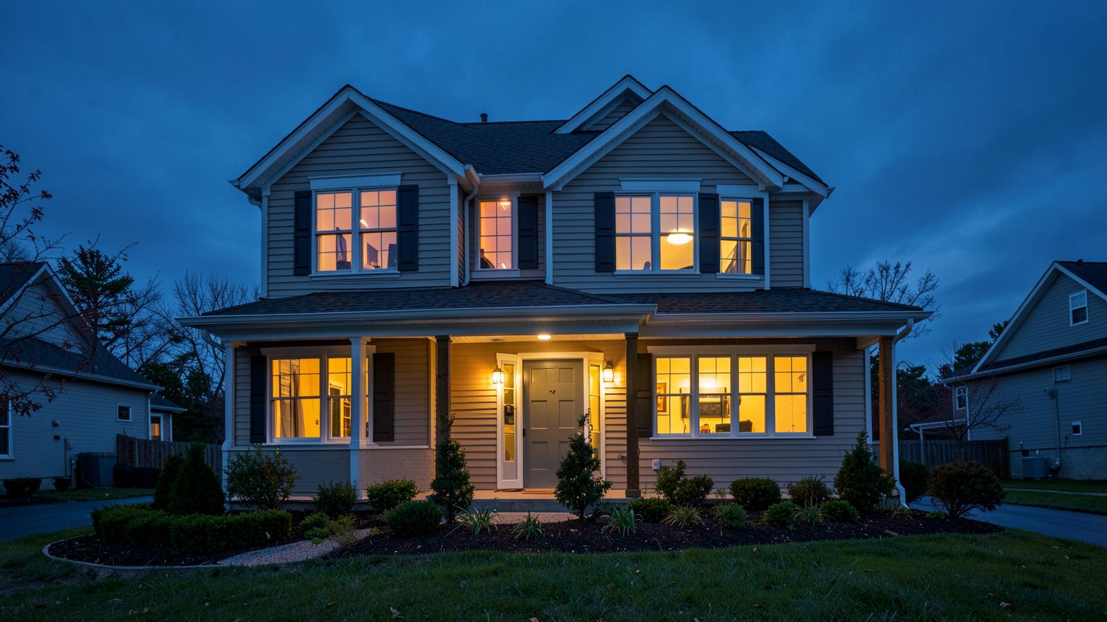Renovated home exterior lit at dusk